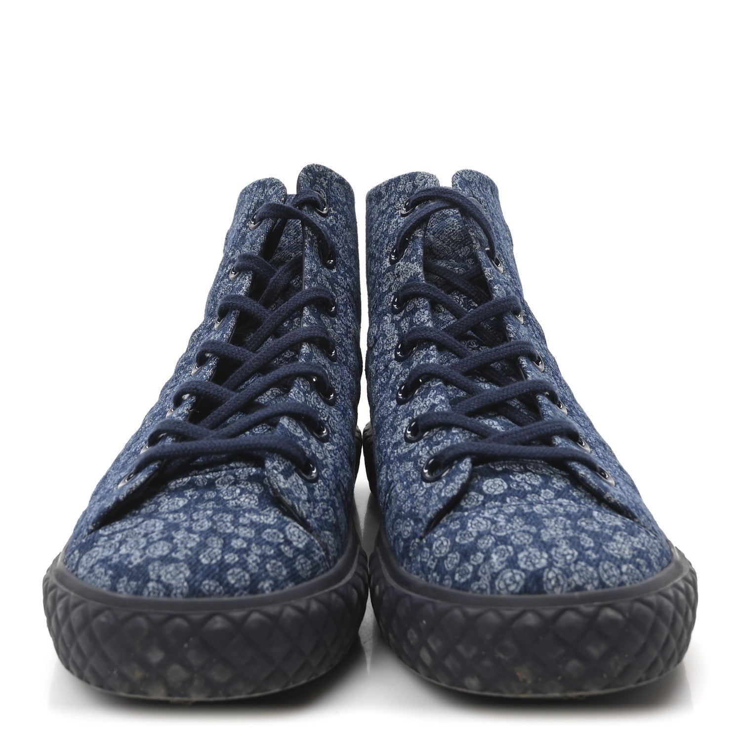 Chanel Printed Denim Quilted High Top Sneakers 37.5 Dark Blue 3 of 10