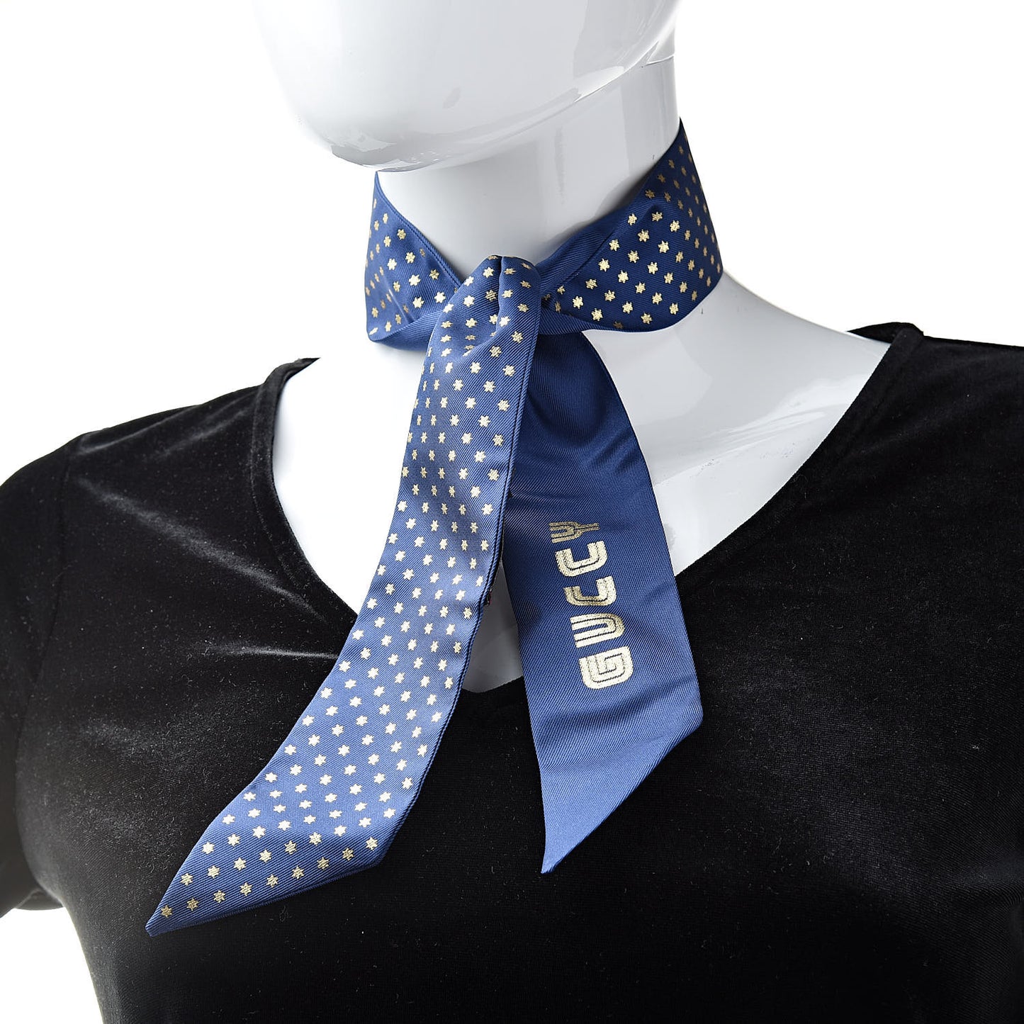 X SEGA Silk GUCCY Stars Print Neck Bow Scarf Navy Gold