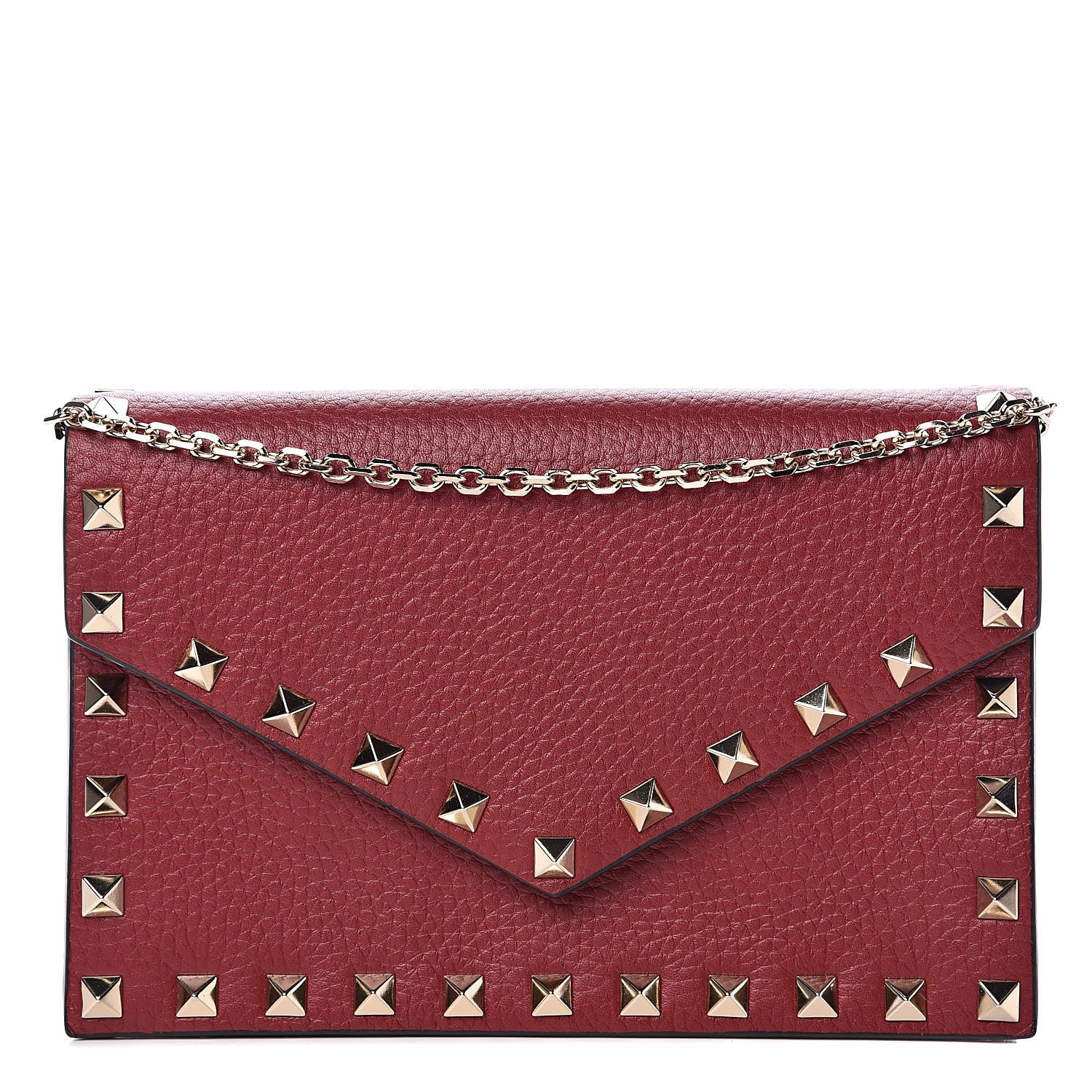Valentino Garavani Pebbled Calfskin Rockstud Envelope Wallet on Chain Rubino 1 of 10