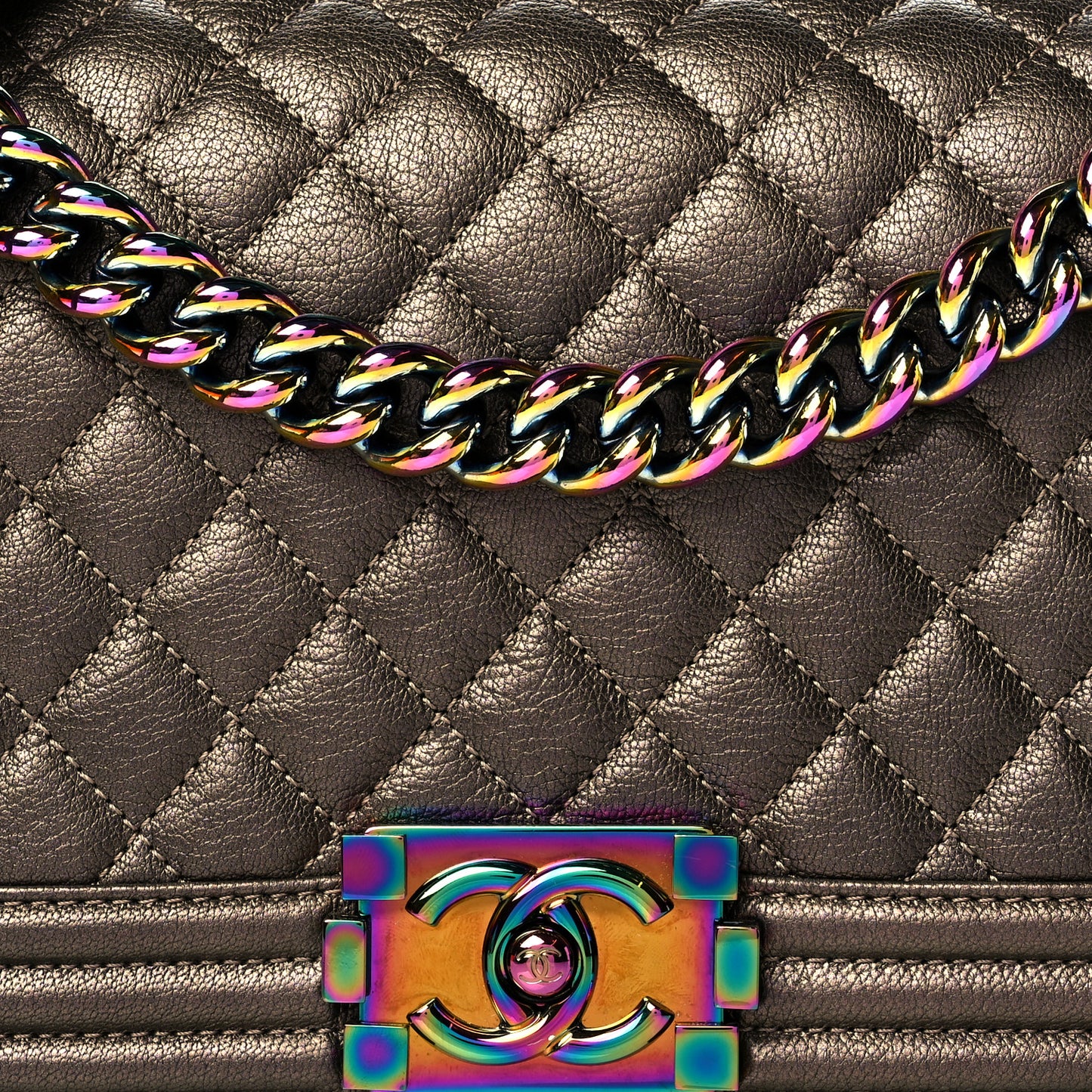 Iridescent Goatskin Quilted Medium Boy Flap Dark Gold