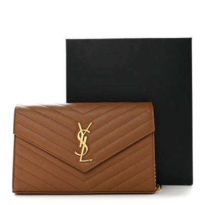 Saint Laurent Grain De Poudre Matelasse Chevron Monogram Chain Wallet Natural Dark 10 of 10