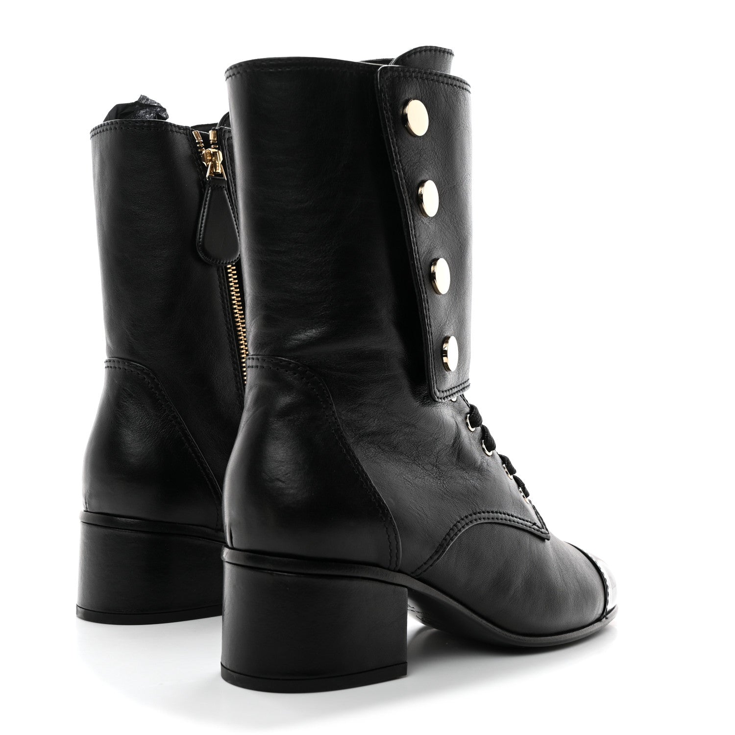 Chanel Calfskin Patent Cap Toe CC Lace Up Boots 38.5 Black 4 of 8