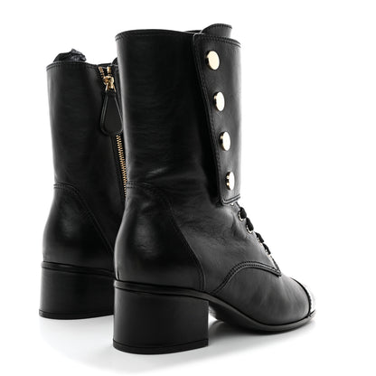 Chanel Calfskin Patent Cap Toe CC Lace Up Boots 38.5 Black 4 of 8