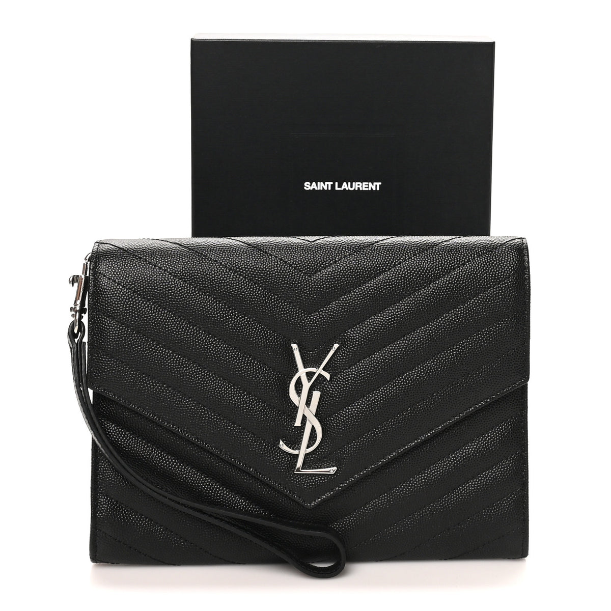 Grain De Poudre Matelasse Chevron Monogram Envelope Clutch Black