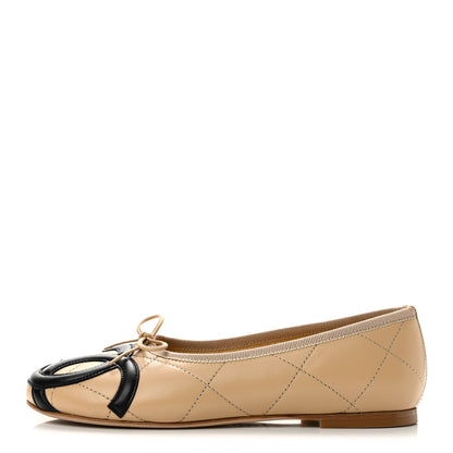 Chanel Lambskin Quilted CC Cambon Ballet Flats 36 Beige Black 1 of 9
