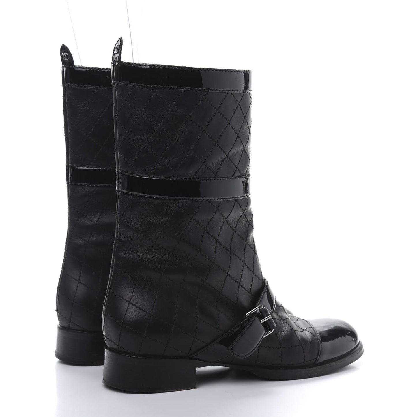 Calfskin Patent Quilted Cap Toe Boots 39.5 Black