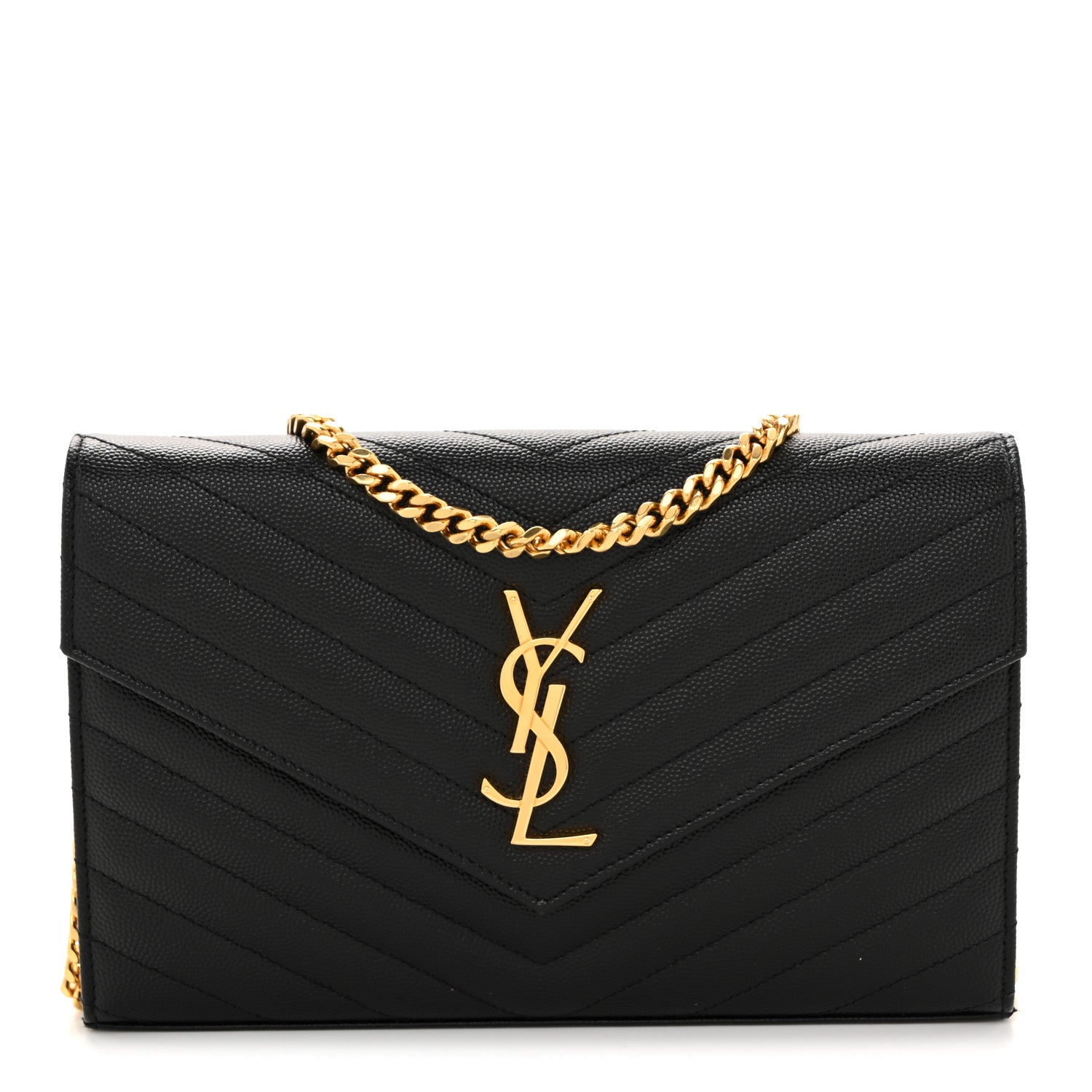 Saint Laurent Grain De Poudre Matelasse Chevron Monogram Chain Wallet Black 1 of 11