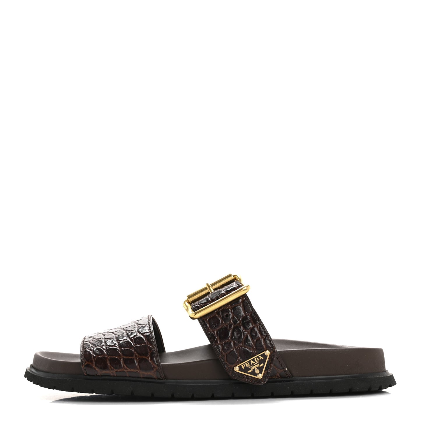 Calfskin Embossed Crocodile Buckle Slide Sandals 36 Cacao