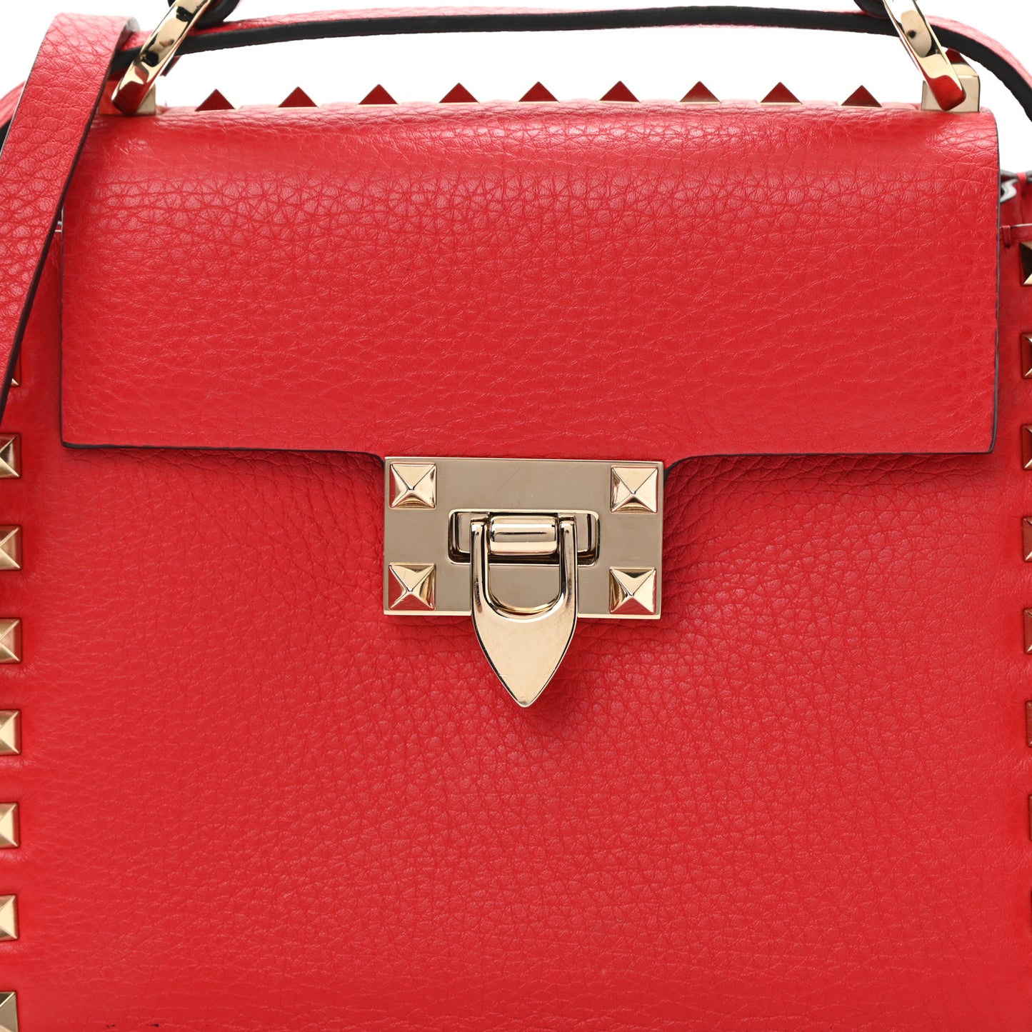 Pebbled Calfskin Rockstud Overlay Flap Top Handle Bag Rouge Pur