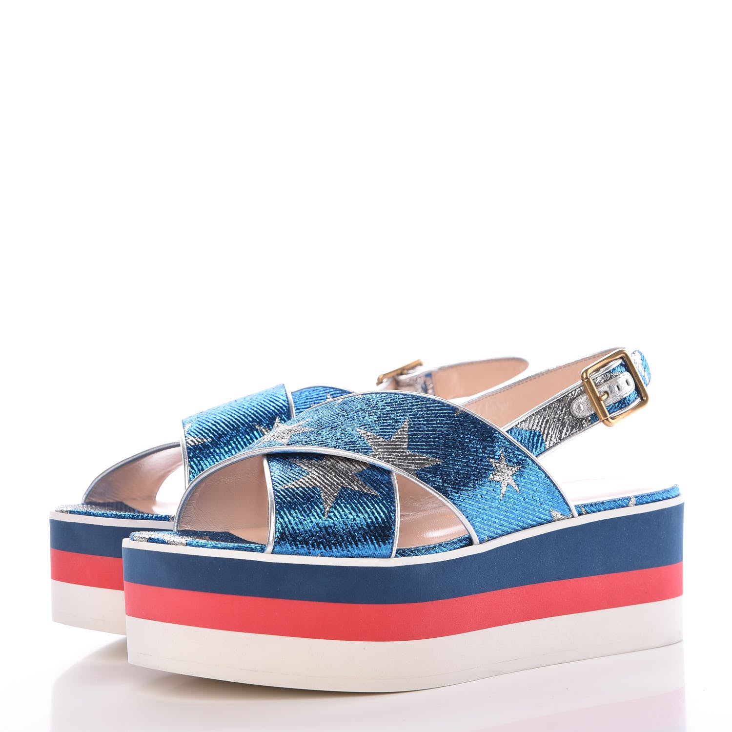 Gucci Nappa Silk Lurex Starry Sky Crossover Platform Sandals 40 Bluette Silver 3 of 9