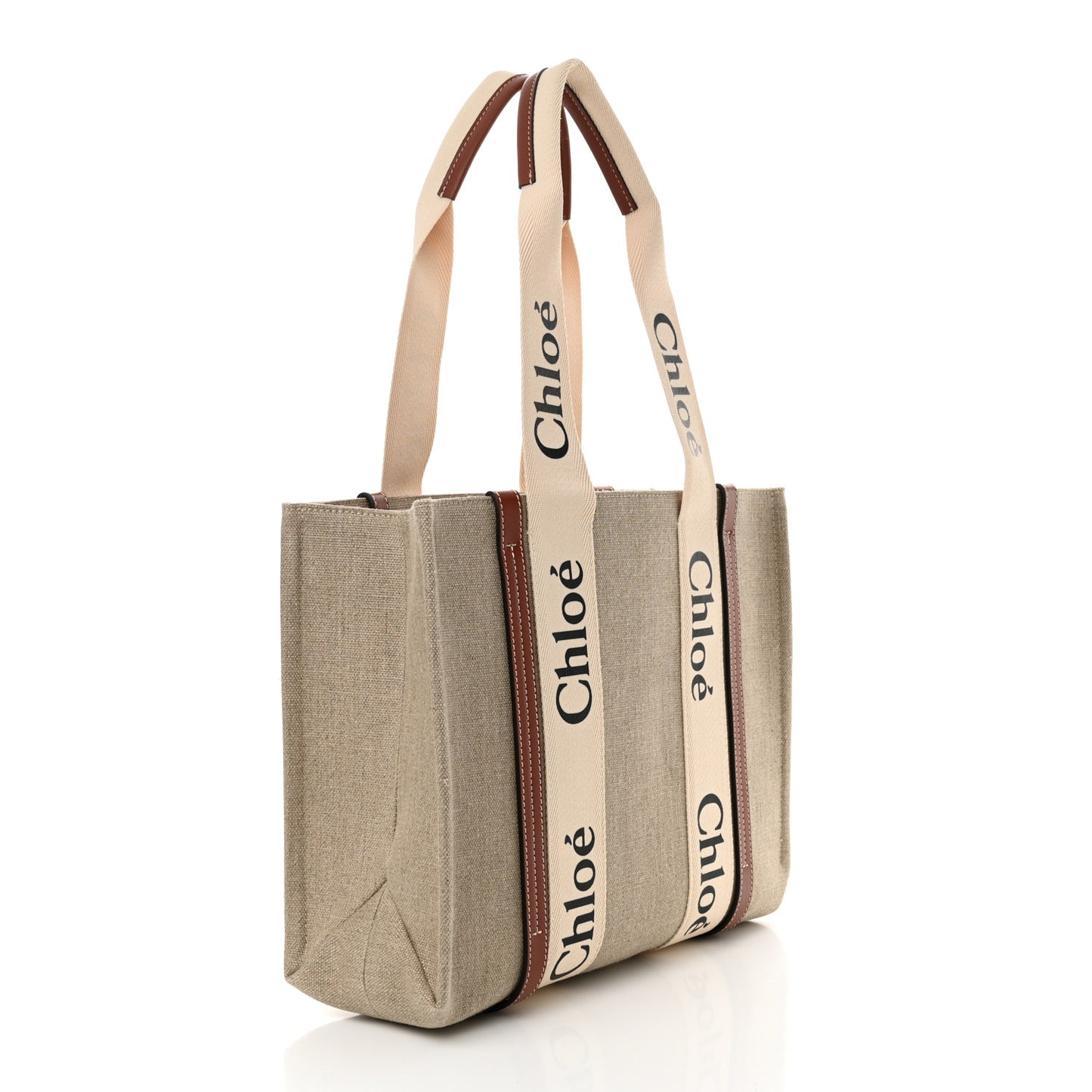 Linen Calfskin Medium Woody Ribbon Tote White Brown