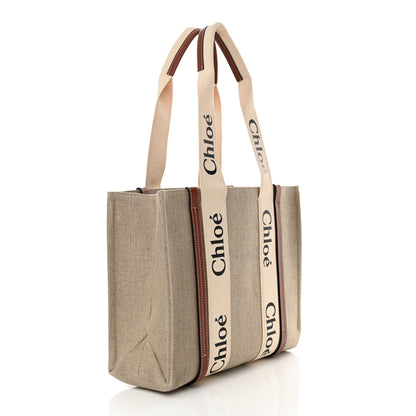 Chloe Linen Calfskin Medium Woody Ribbon Tote White Brown 3 of 10