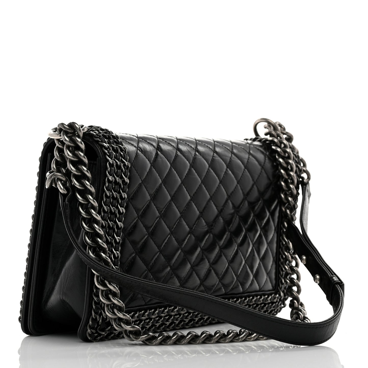 Glazed Calfskin Quilted New Medium Boy Chained Flap Black