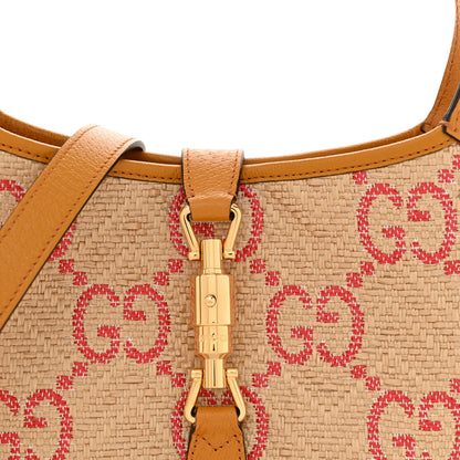 Gucci Raffia Textured Dollar Calfskin GG Monogram Small Jackie 1961 Hobo Natural Bright Hibiscus Sun Oil 8 of 13