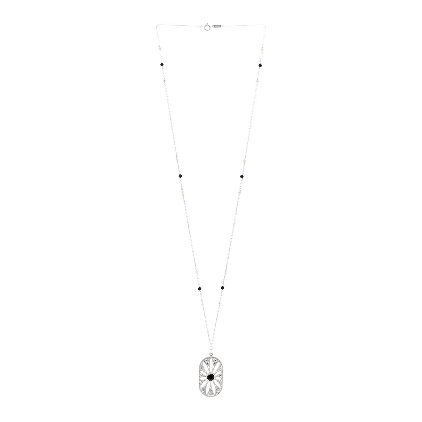 Sterling Silver Black Onyx Pearl Ziegfeld Daisy Pendant Necklace