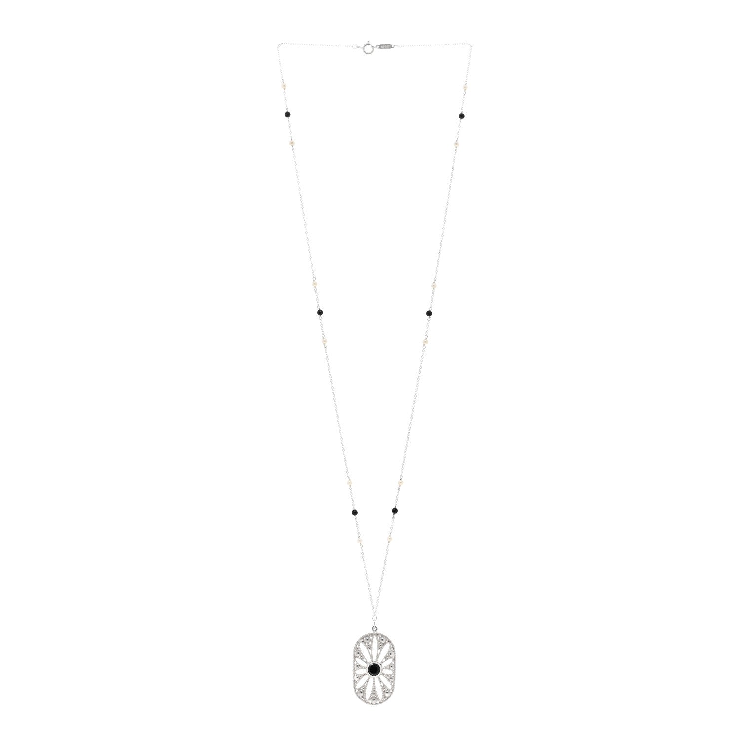 Tiffany Sterling Silver Black Onyx Pearl Ziegfeld Daisy Pendant Necklace 3 of 4