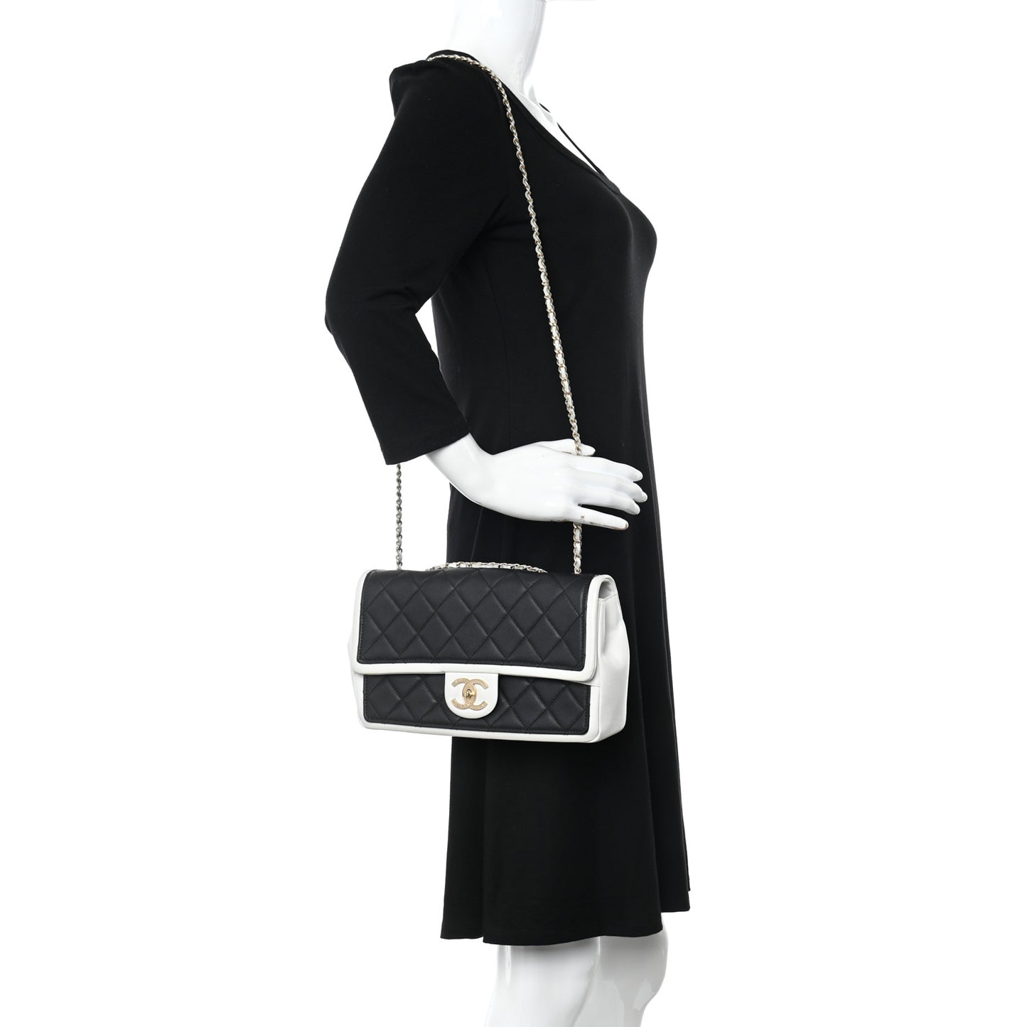 Calfskin Quilted Medium Graphic Flap Black White