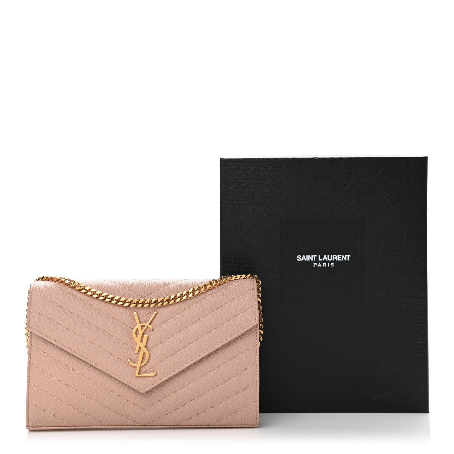 Saint Laurent Grain De Poudre Matelasse Chevron Monogram Chain Wallet Pale Blush 13 of 13