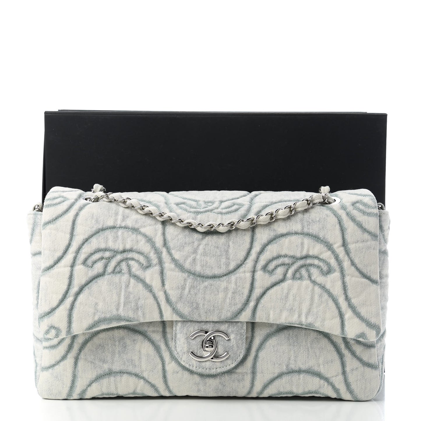 Denim Embossed CC Logo Print Jumbo Single Flap Blue