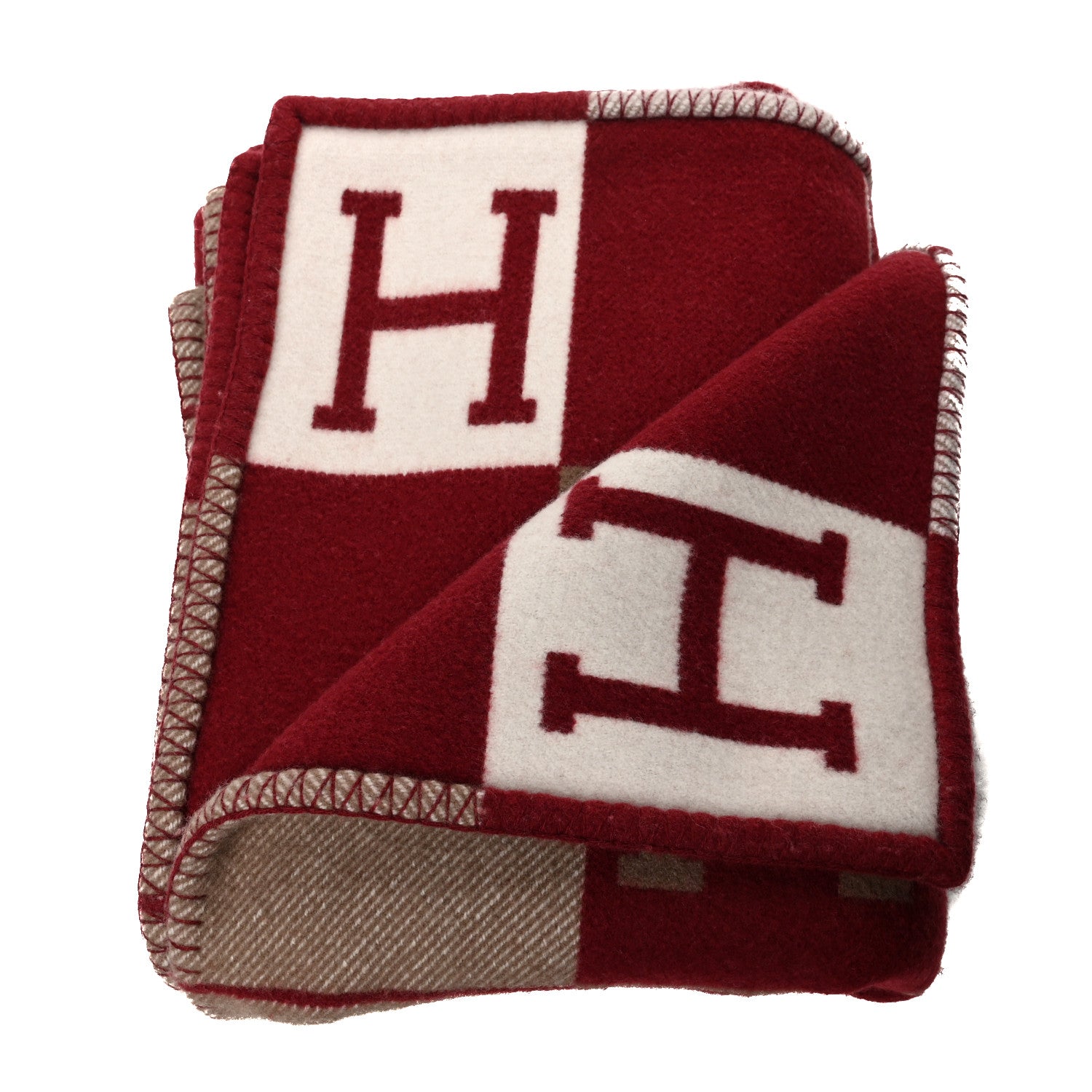 Hermes Wool Cashmere Avalon III Blanket Ecru Rouge H 2 of 3