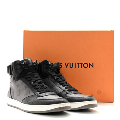 Louis Vuitton Calfskin Monogram Eclipse Mens Rivoli High Top Sneakers 9 Black Grey 12 of 12