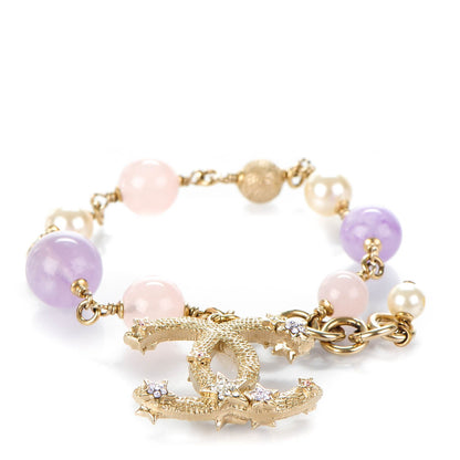 Chanel Pearl Beaded Crystal Star CC Bracelet Purple Gold 1 of 5