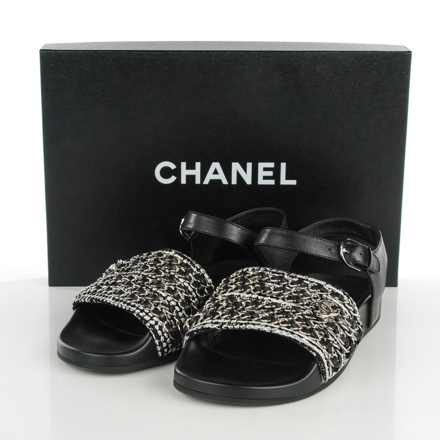 Tweed Lambskin Chain Flat Sandals 38 Black White