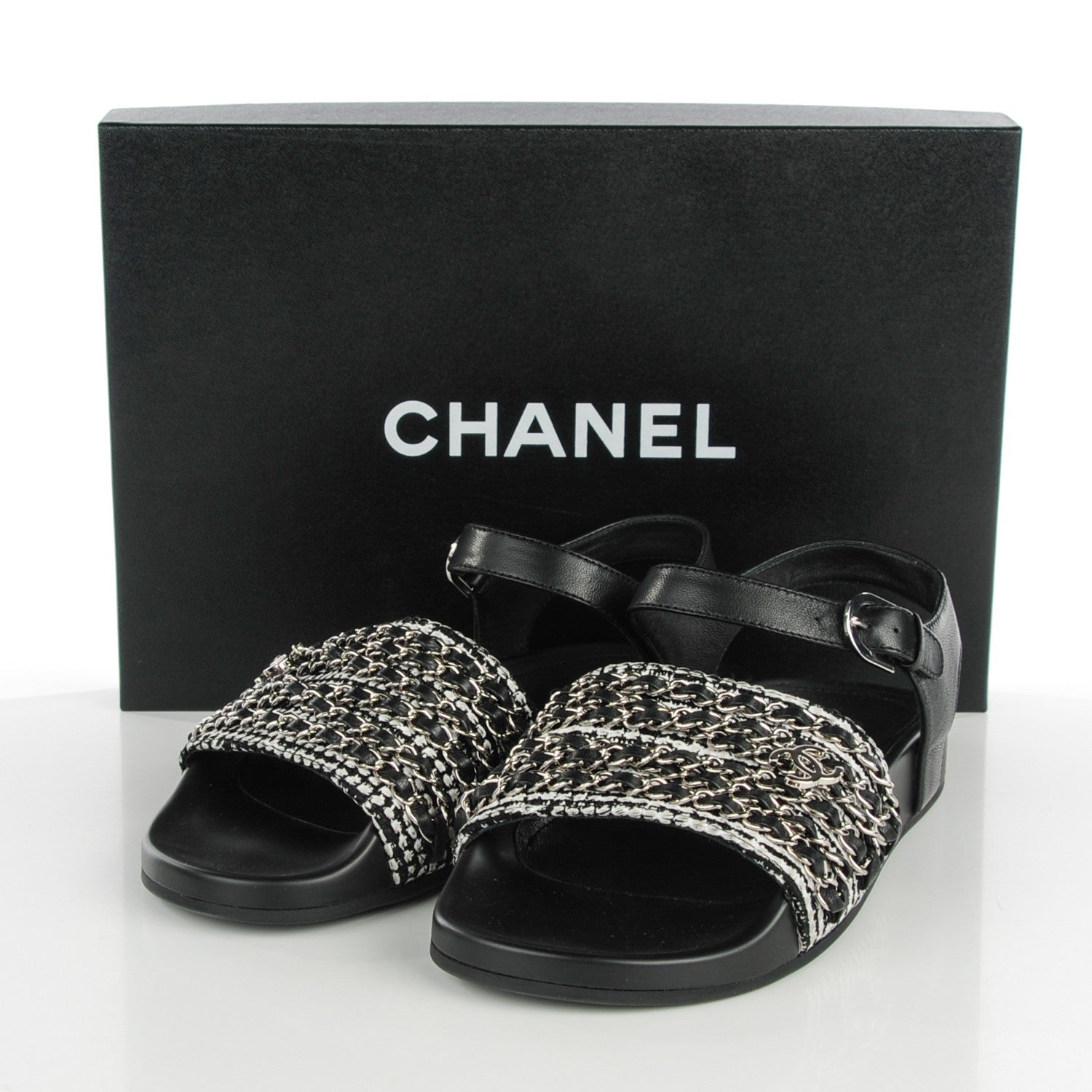 Chanel Tweed Lambskin Chain Flat Sandals 38 Black White 5 of 9