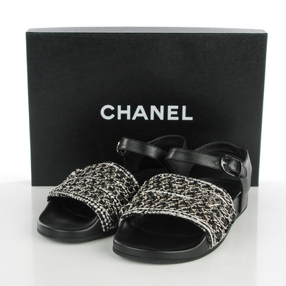 Chanel Tweed Lambskin Chain Flat Sandals 38 Black White 5 of 9