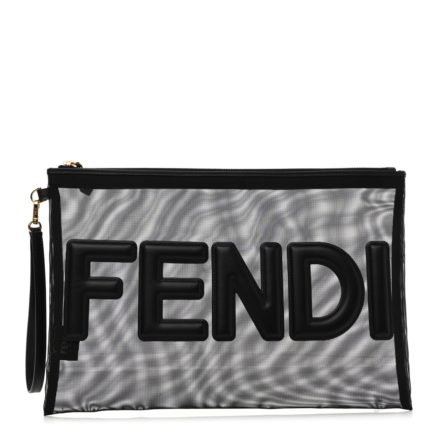 Fendi Mesh Vitello King Logo Embroidered Large Flat Pouch Black 1 of 7