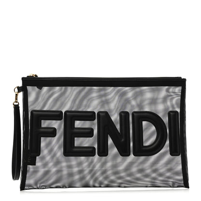Fendi Mesh Vitello King Logo Embroidered Large Flat Pouch Black 1 of 7