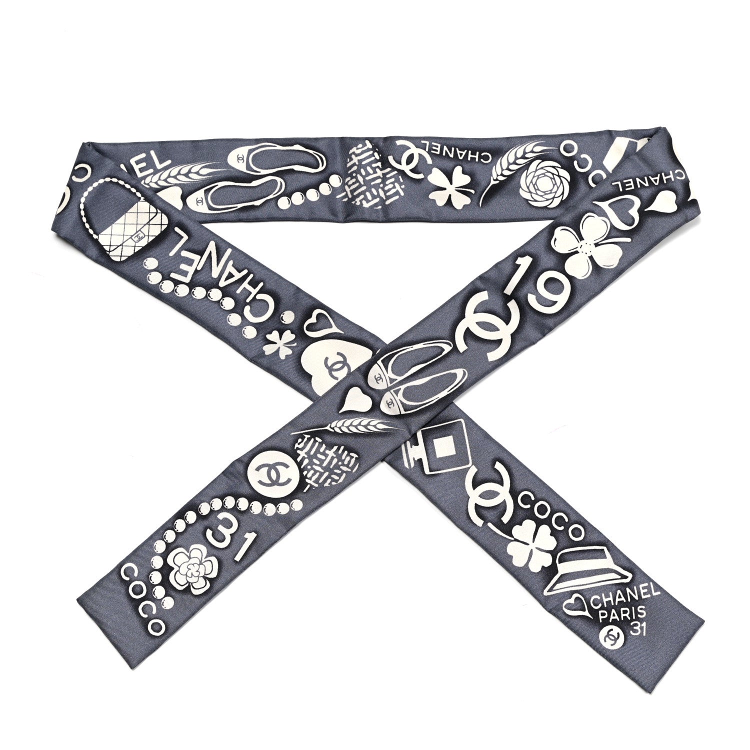 Chanel Silk CC Slim Bandeau Scarf Grey Ecru Black 1 of 3
