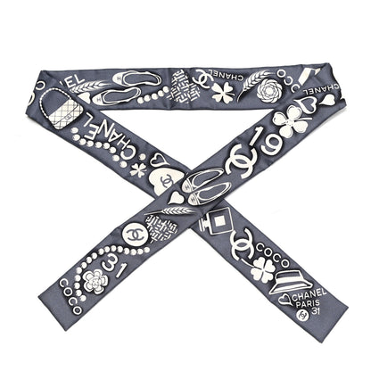 Chanel Silk CC Slim Bandeau Scarf Grey Ecru Black 1 of 3