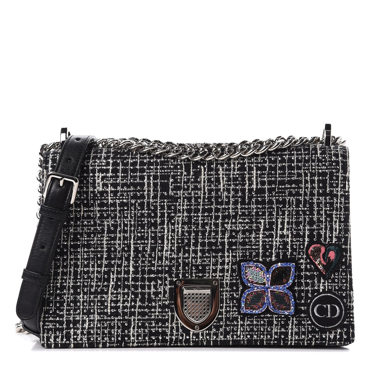 Tweed Embellished Diorama Flap Bag Black White