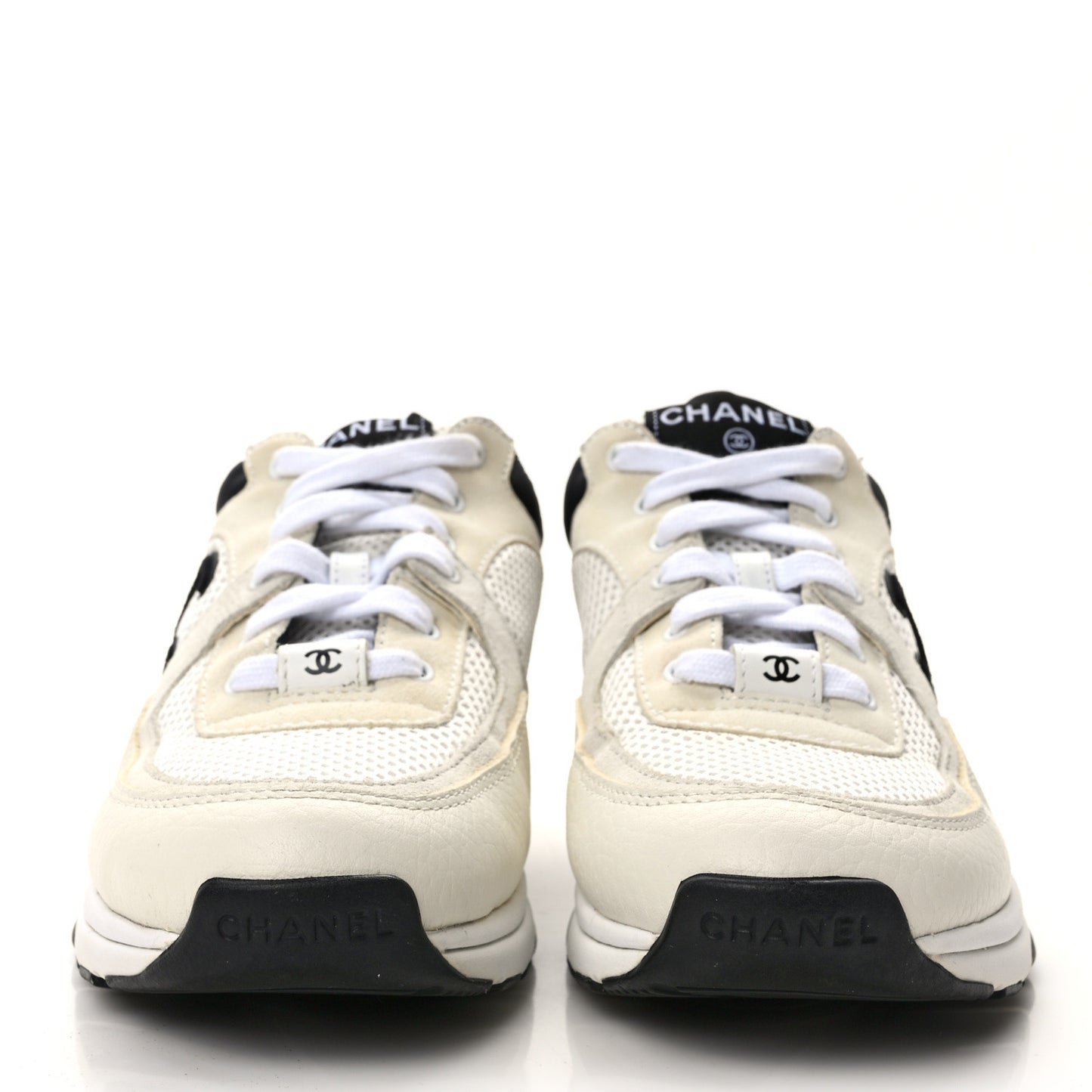 Mesh Suede Calfskin Grained Calfskin Womens CC Sneakers 38 White Black