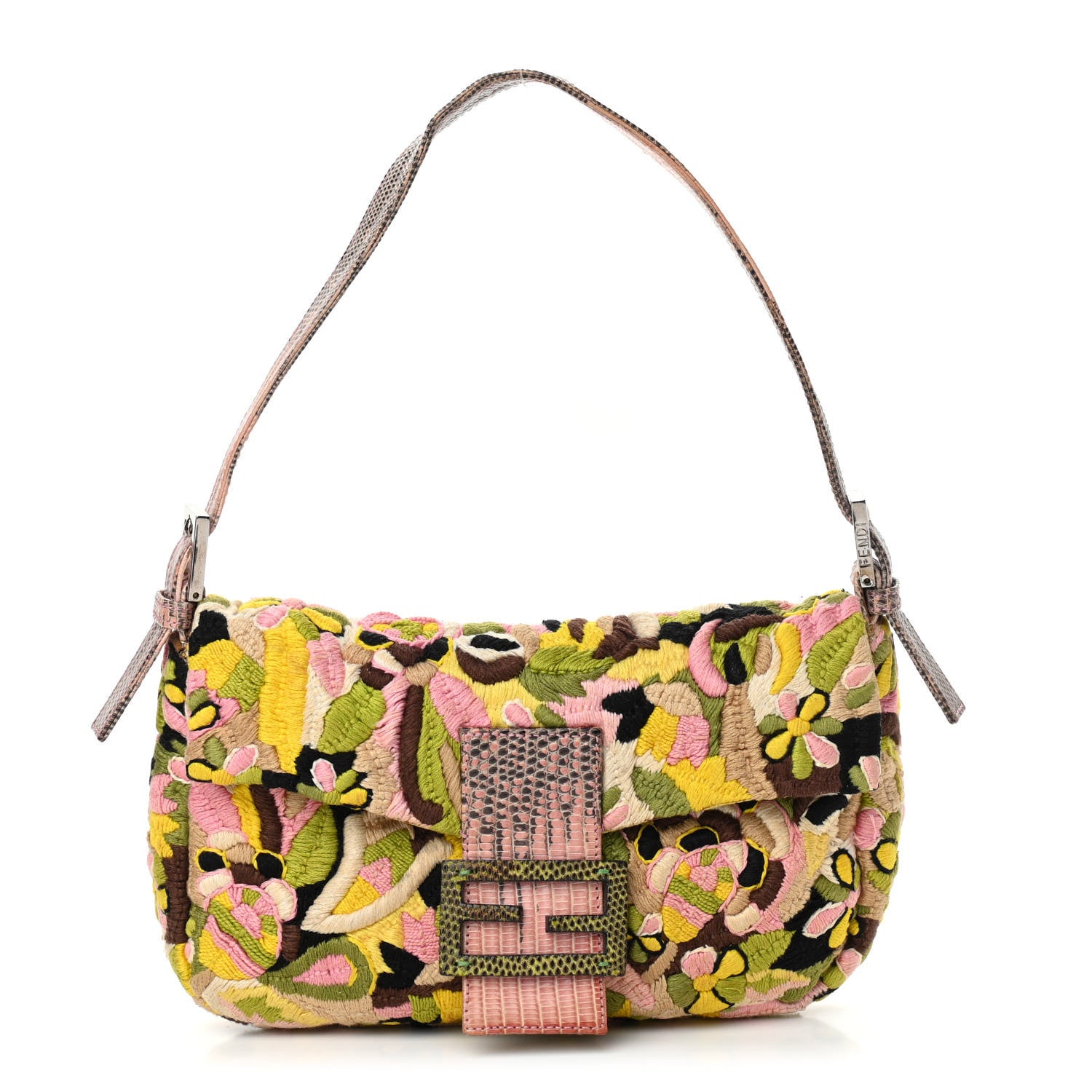 Fendi Lizard Embroidered Flower Baguette Pink Multicolor 1 of 12