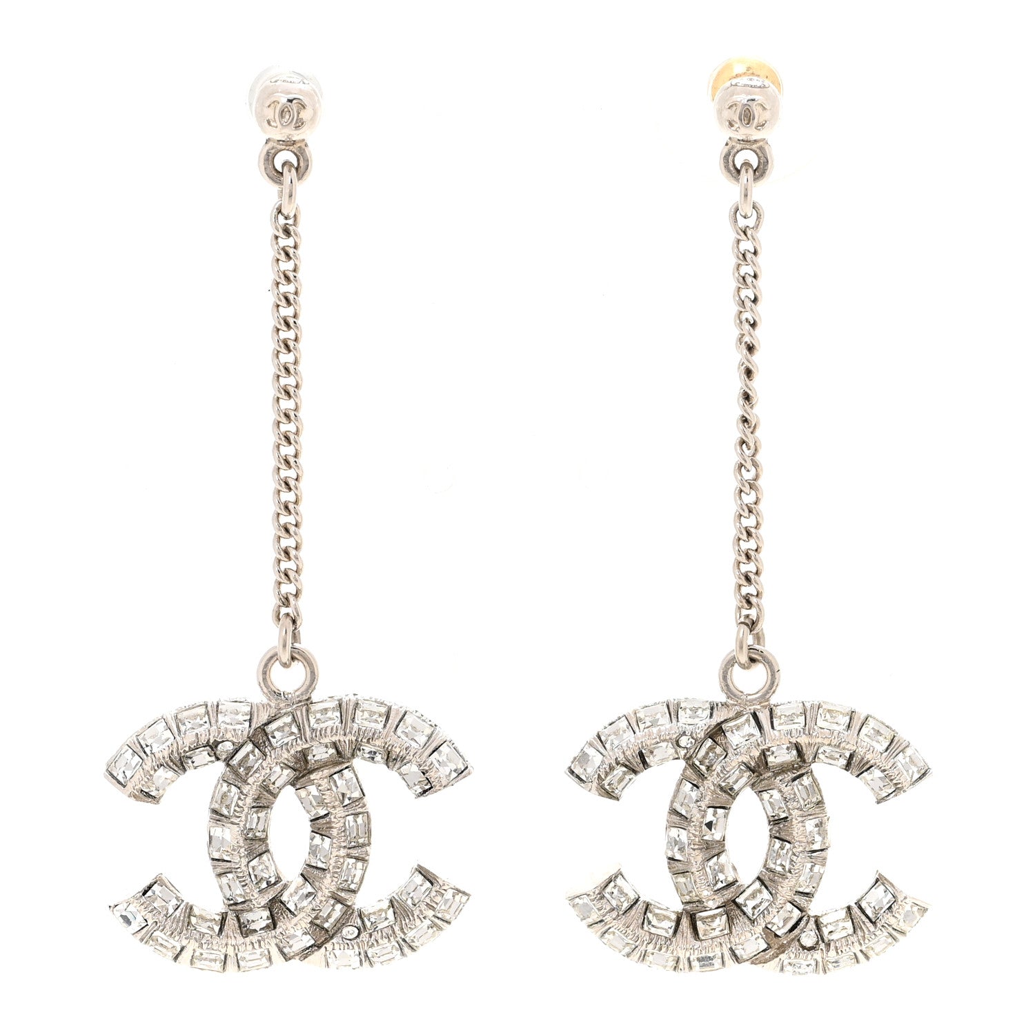 Chanel Baguette Crystal CC Drop Earrings Silver 1 of 5