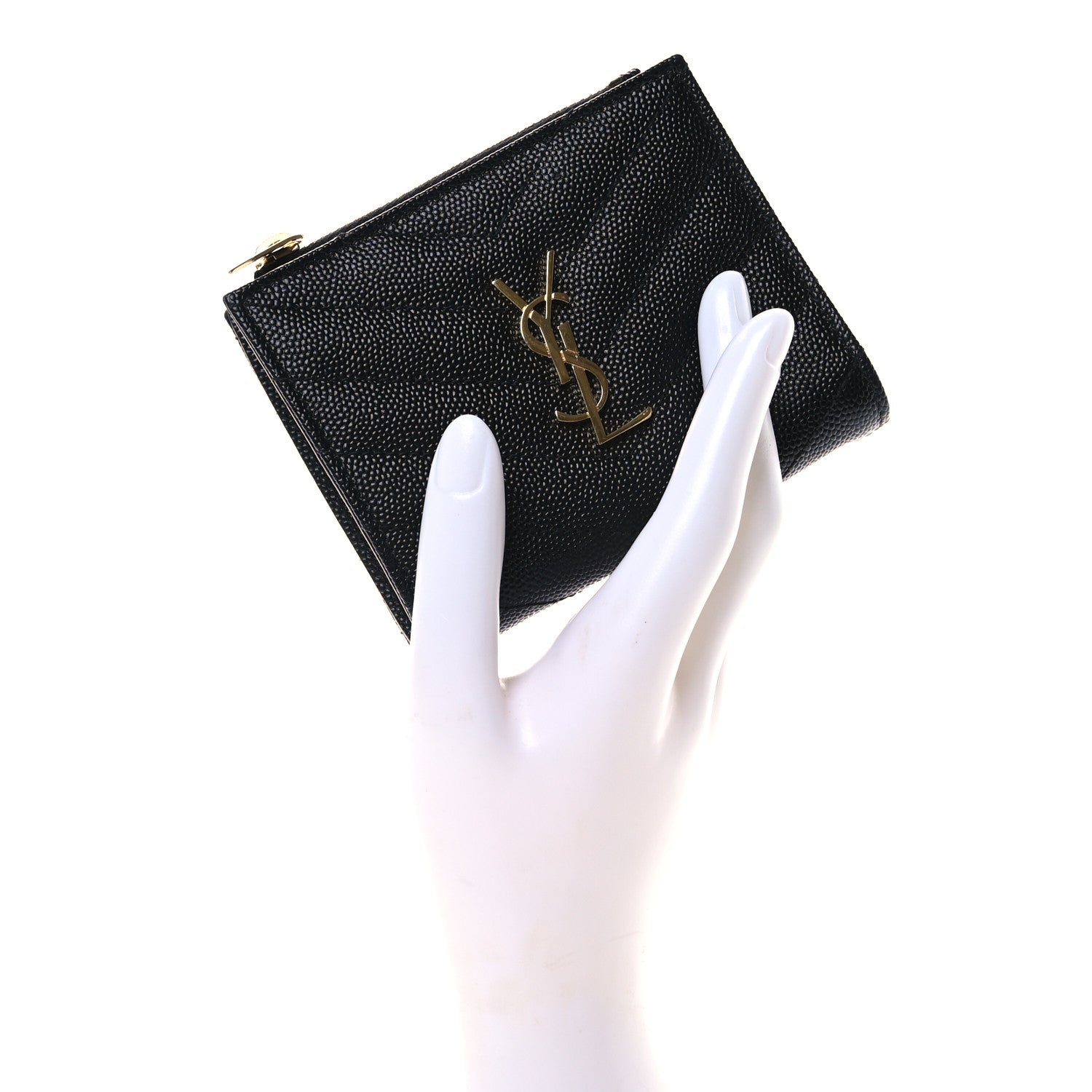 Saint Laurent Grain De Poudre Matelasse Chevron Monogram Zipped Card Case Black 2 of 8