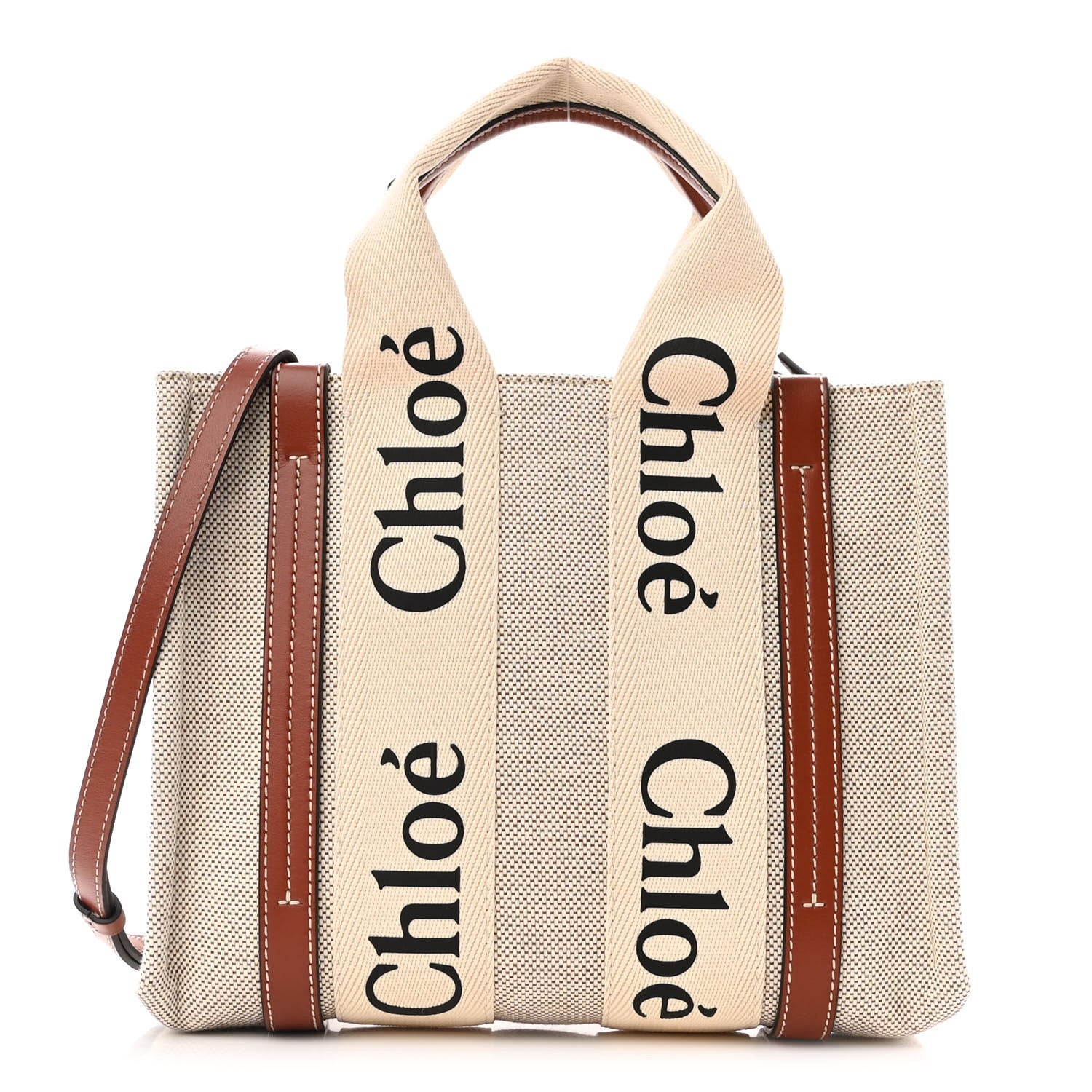 Chloe Cotton Calfskin Small Woody Ribbon Tote With Strap White Brown 1 of 9