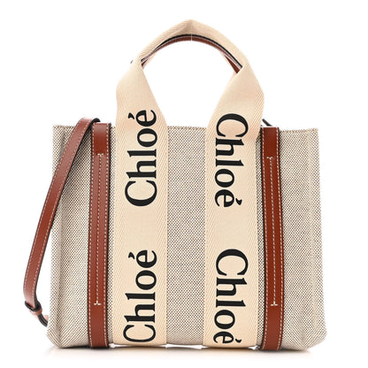 Chloe Cotton Calfskin Small Woody Ribbon Tote With Strap White Brown 1 of 9