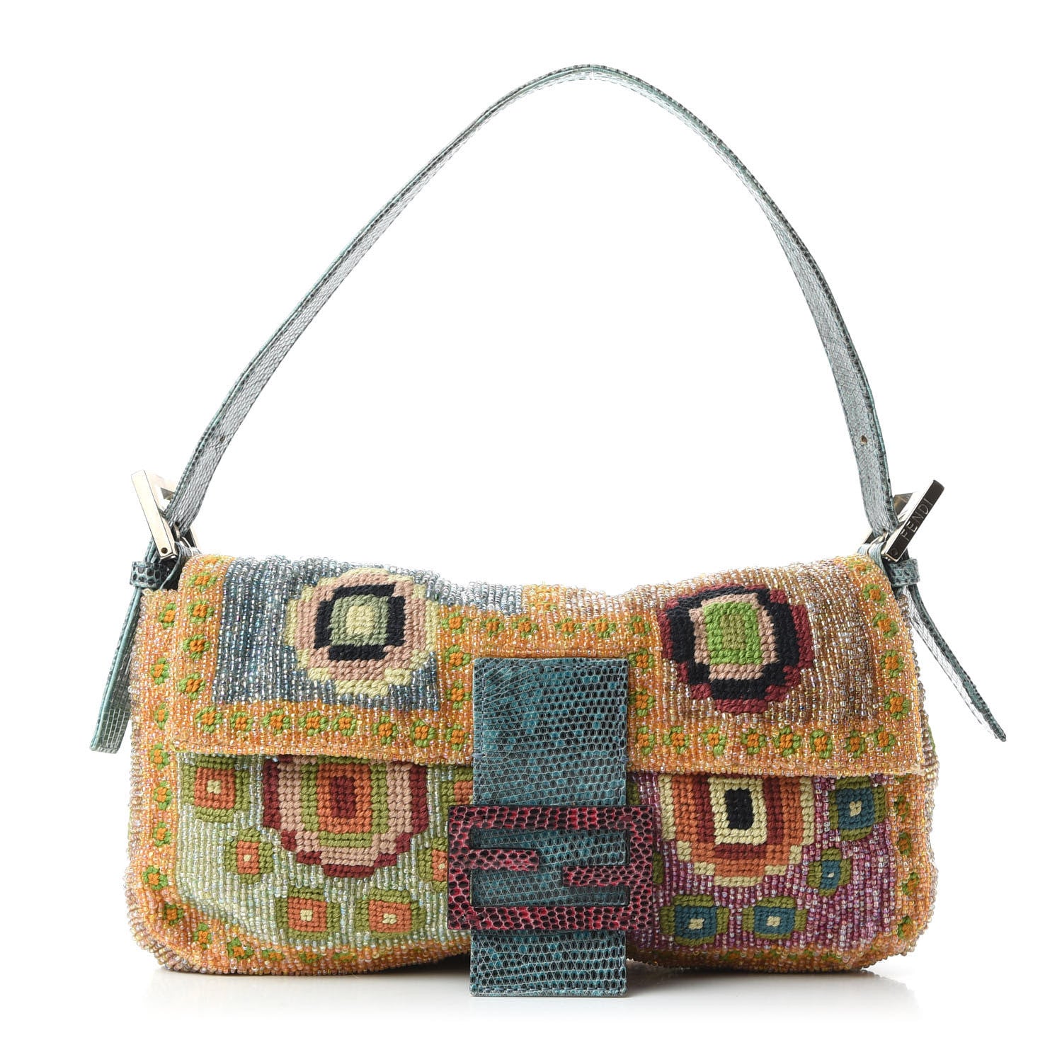 Fendi Wool Embroidered Beaded Lizard Baguette Multicolor 1 of 8