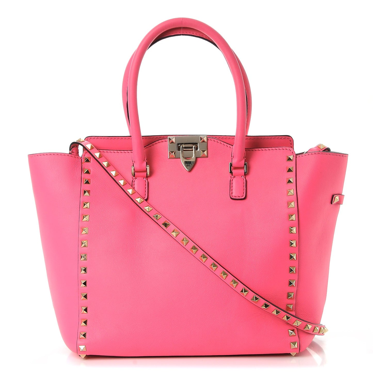 Vitello Rockstud Double Handle Tote Fuxia Fluo