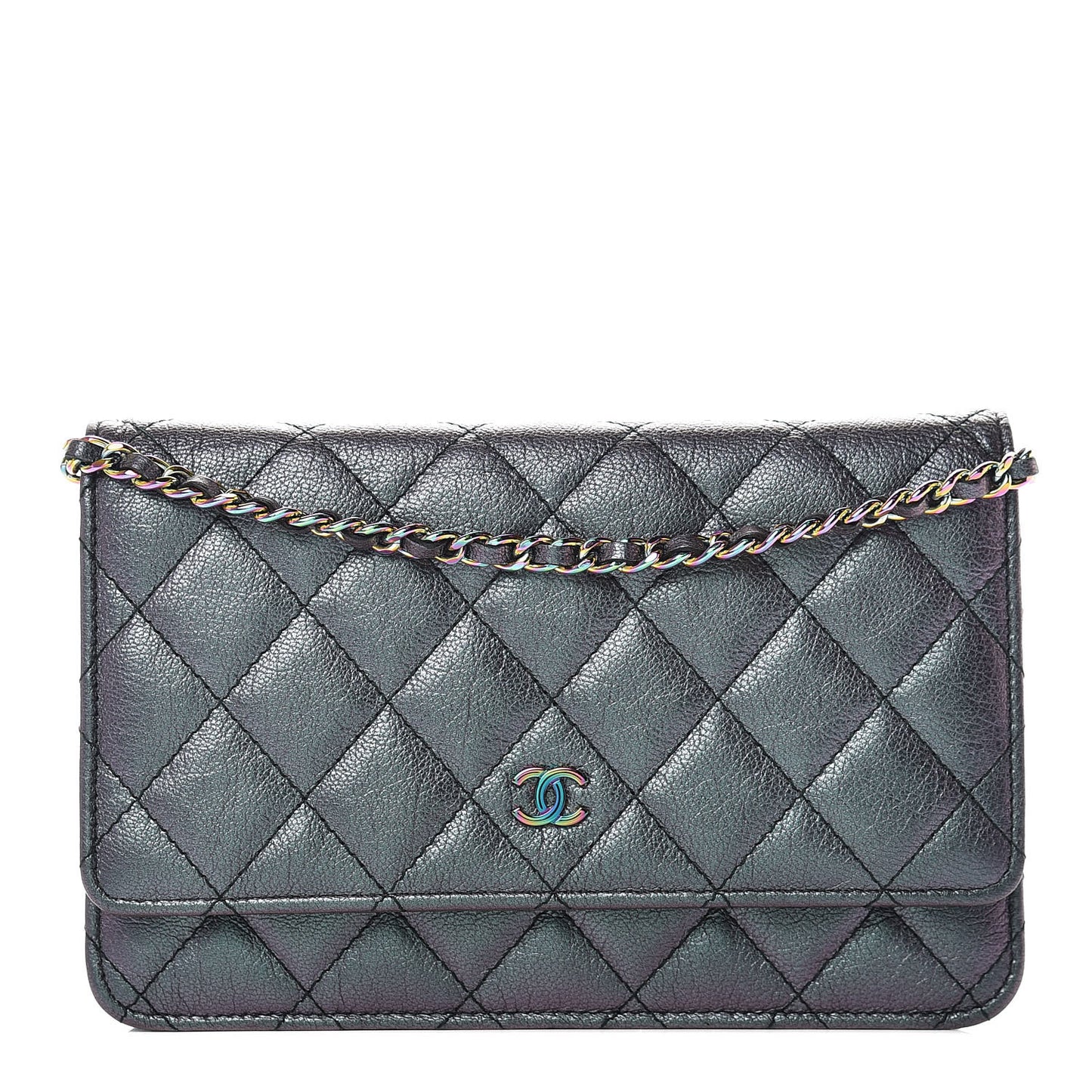 Iridescent Goatskin Quilted Wallet On Chain WOC Purple