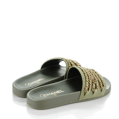 Chanel Lambskin Canvas Chain Flat Sandals 37 Khaki 4 of 7