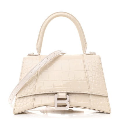 Balenciaga Shiny Calfskin Monochrome Crocodile Embossed Small Hourglass Top Handle Bag Nacre 1 of 13