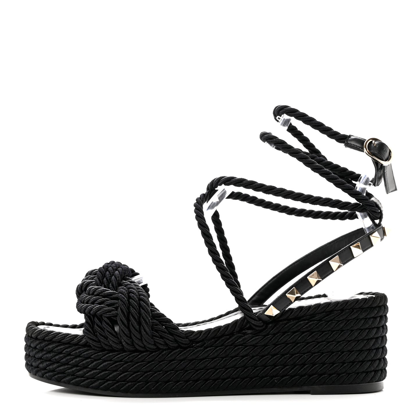 Calfskin Silk Woven Rockstud Torchon 55 Espadrille Sandals 36 Black