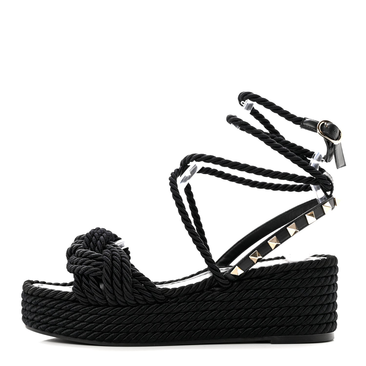 Valentino Garavani Calfskin Silk Woven Rockstud Torchon 55 Espadrille Sandals 36 Black 1 of 7