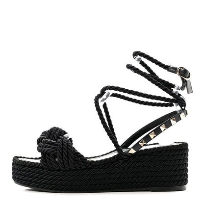Valentino Garavani Calfskin Silk Woven Rockstud Torchon 55 Espadrille Sandals 36 Black 1 of 7