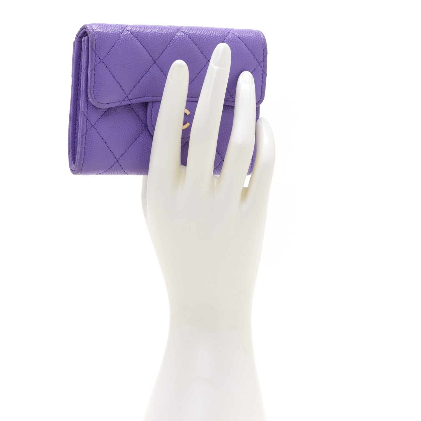Caviar Quilted Flap Card Holder Wallet Purple