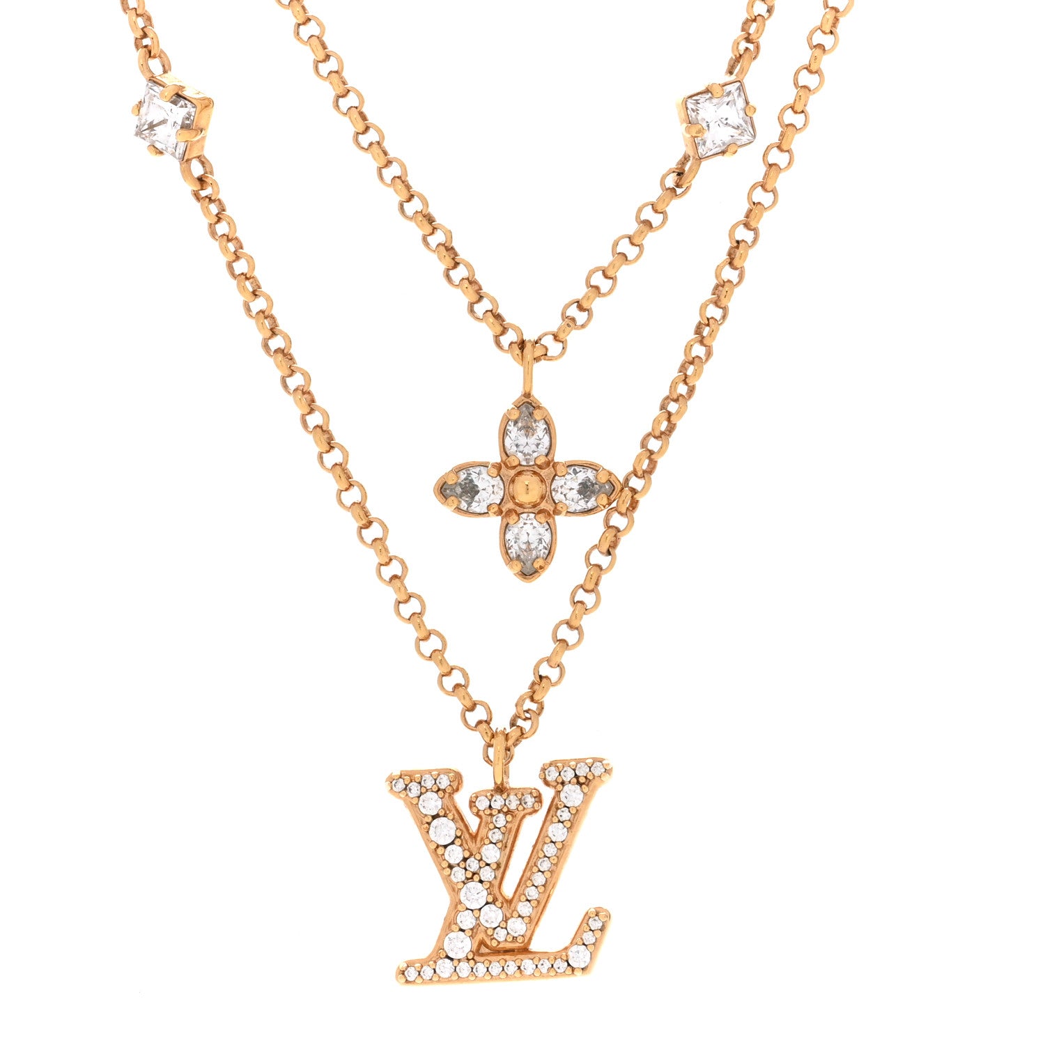 Louis Vuitton Metal Crystal Lady LV Necklace Gold 4 of 7